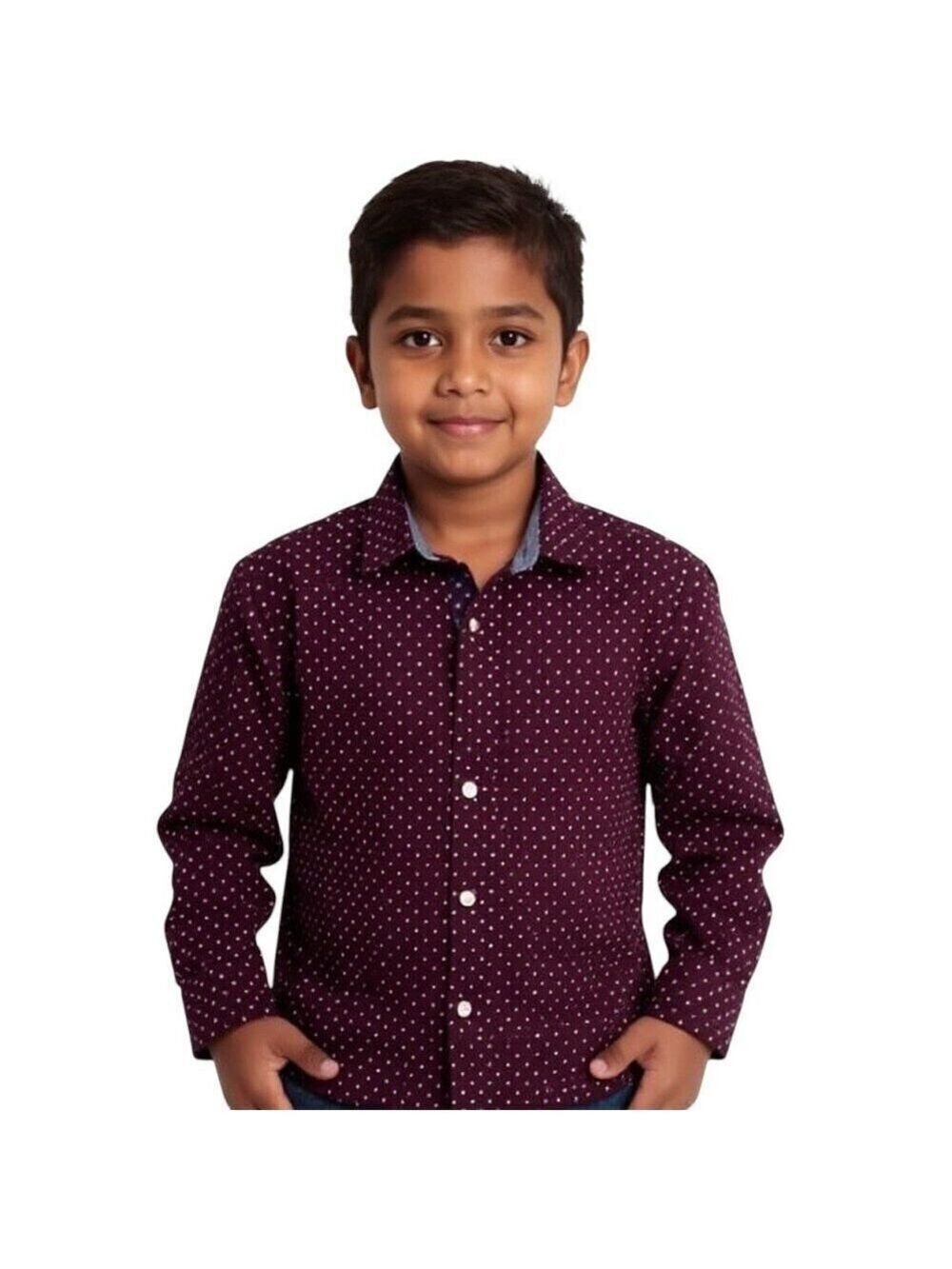 𝅺H&M L.O.G.G. Burgundy with White polka dots Button Down Shirt Size 7-8 years